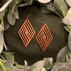 Diamond shaped, beautifully, laser-cut wood earrings